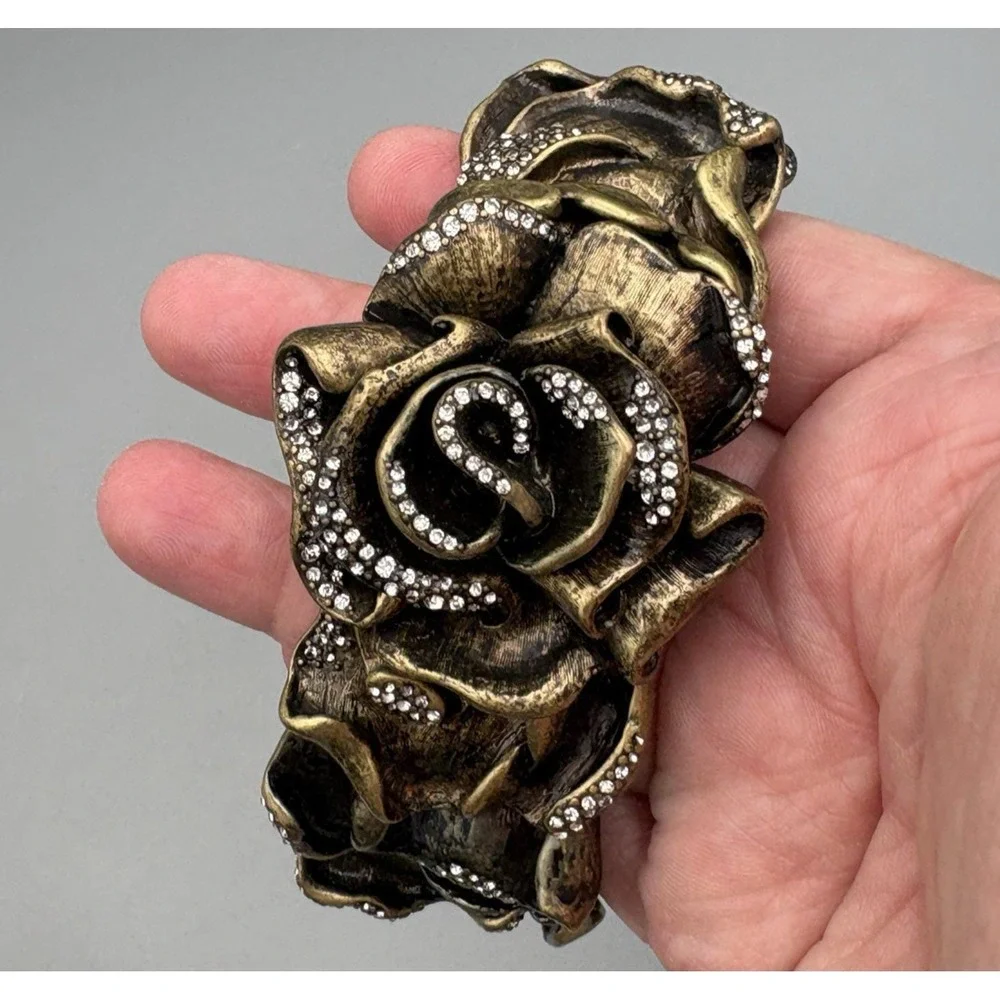 Vintage Rose Statement Bracelet Bronze Crystals Romantic HEAVY